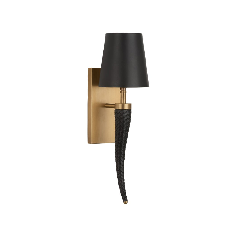 Wildwood Wexler Sconce With Braided Leather & Antique Brass Horn Arm, Matte Black Shade For Warm Accent Lighting 67537