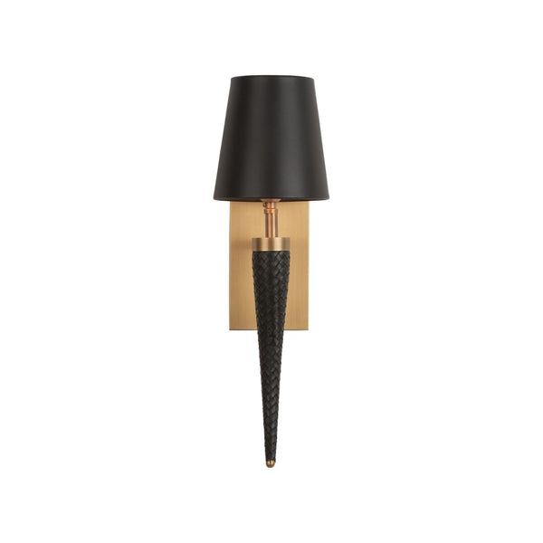 Wildwood Wexler Sconce With Braided Leather & Antique Brass Horn Arm, Matte Black Shade For Warm Accent Lighting 67537