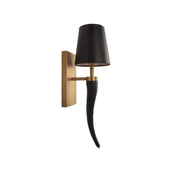Wildwood Wexler Sconce With Braided Leather & Antique Brass Horn Arm, Matte Black Shade For Warm Accent Lighting 67537
