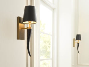 Wildwood Wexler Sconce With Braided Leather & Antique Brass Horn Arm, Matte Black Shade For Warm Accent Lighting 67537