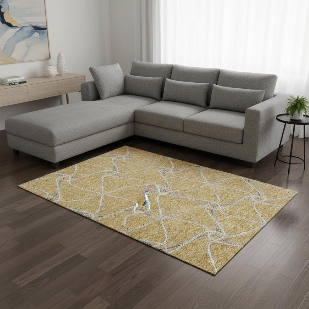 HomeRoots 8' X 10' Geometric Gold Ivory Gray Area Rug - Stylish, Washable, UV Protected for Active Homes 675370