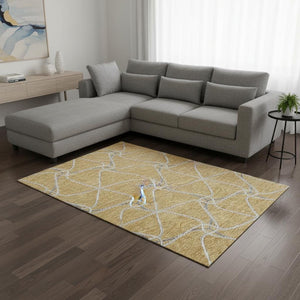 HomeRoots 8' X 10' Geometric Gold Ivory Gray Area Rug - Stylish, Washable, UV Protected for Active Homes 675370