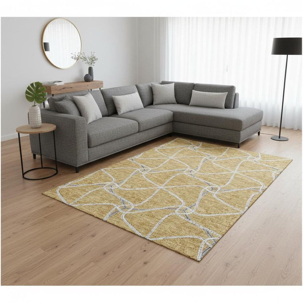 HomeRoots 9' Modern Gold, Ivory & Gray Geometric Washable Area Rug with UV Protection for High-Traffic Spaces 675371