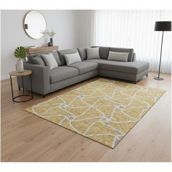 HomeRoots 9' Modern Gold, Ivory & Gray Geometric Washable Area Rug with UV Protection for High-Traffic Spaces 675371