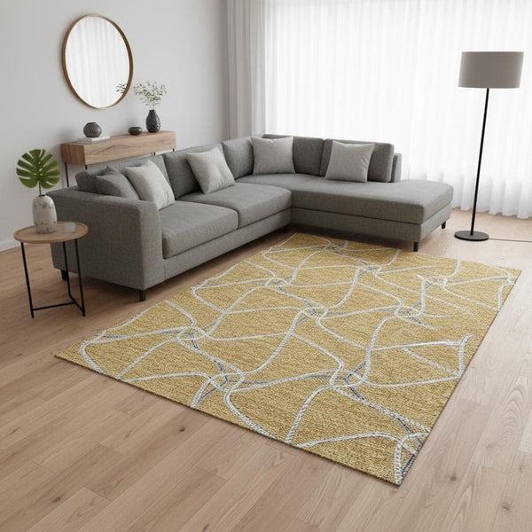 HomeRoots 10' Modern Gold Ivory Gray Geometric Washable Area Rug with UV Protection for Stylish Living Spaces 675372