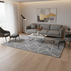HomeRoots 5' X 8' Gray Gold Ivory Geometric Area Rug - Washable, UV Protected, Stylish for High-Traffic Spaces 675374