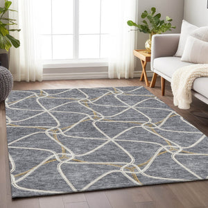 HomeRoots 5' X 8' Gray Gold Ivory Geometric Area Rug - Washable, UV Protected, Stylish for High-Traffic Spaces 675374