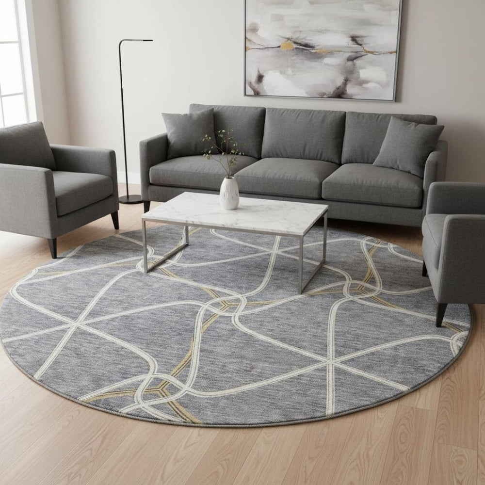 HomeRoots 8' Gray Gold And Ivory Geometric Round Rug – Washable, UV Protected, Stain Resistant & Non-Slip Design 675375
