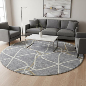 HomeRoots 8' Gray Gold And Ivory Geometric Round Rug – Washable, UV Protected, Stain Resistant & Non-Slip Design 675375