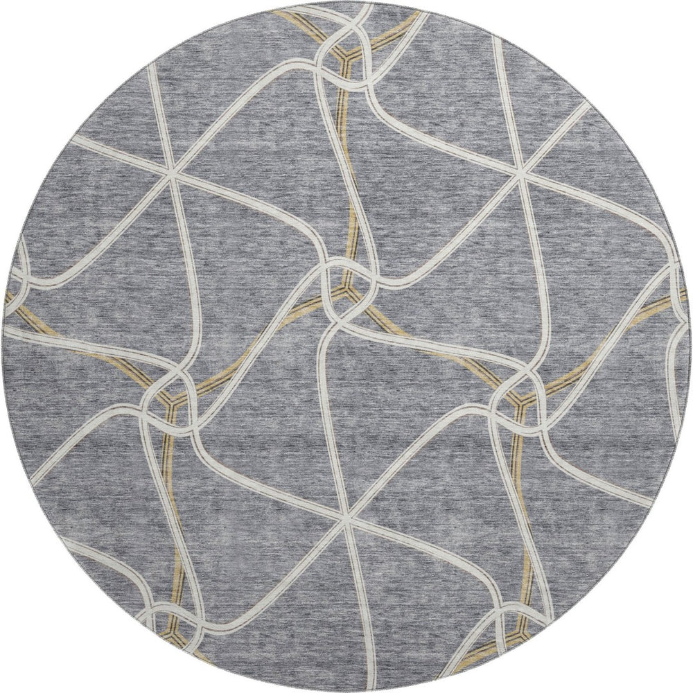 HomeRoots 8' Gray Gold And Ivory Geometric Round Rug – Washable, UV Protected, Stain Resistant & Non-Slip Design 675375