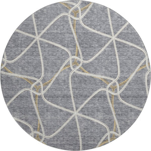 HomeRoots 8' Gray Gold And Ivory Geometric Round Rug – Washable, UV Protected, Stain Resistant & Non-Slip Design 675375