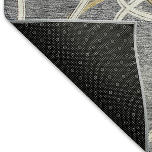 HomeRoots 8' Gray Gold And Ivory Geometric Round Rug – Washable, UV Protected, Stain Resistant & Non-Slip Design 675375