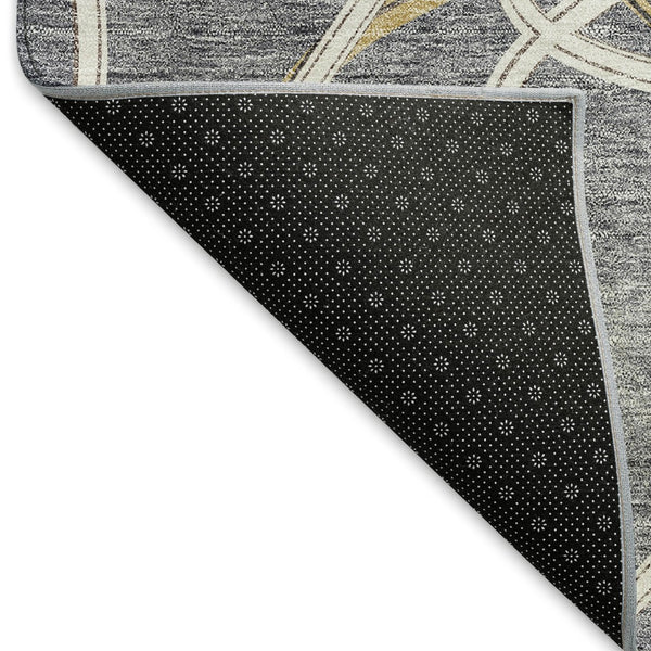 HomeRoots 8' Gray Gold And Ivory Geometric Round Rug – Washable, UV Protected, Stain Resistant & Non-Slip Design 675375