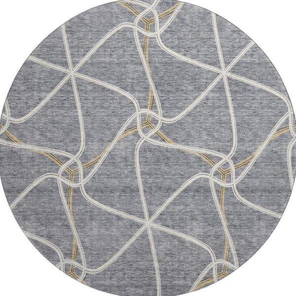 HomeRoots 8' Gray Gold And Ivory Geometric Round Rug – Washable, UV Protected, Stain Resistant & Non-Slip Design 675375