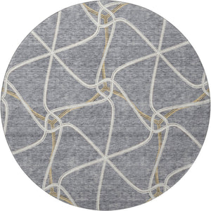 HomeRoots 8' Gray Gold And Ivory Geometric Round Rug – Washable, UV Protected, Stain Resistant & Non-Slip Design 675375