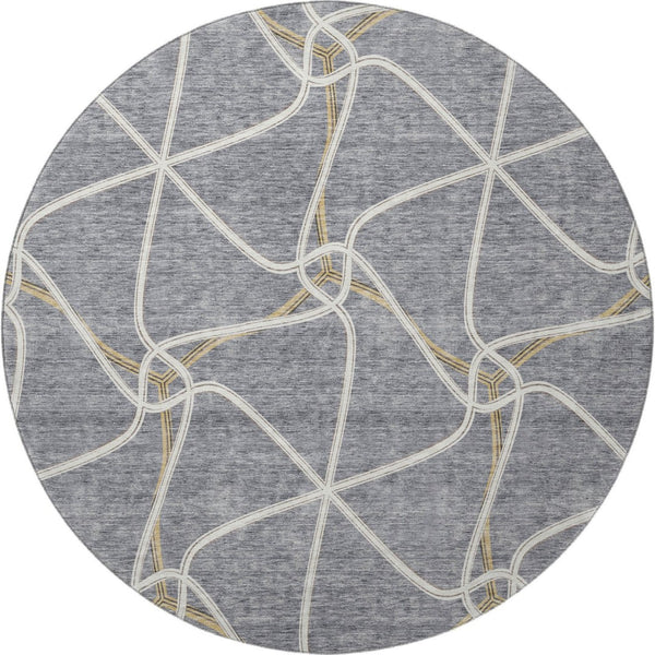 HomeRoots 8' Gray Gold And Ivory Geometric Round Rug – Washable, UV Protected, Stain Resistant & Non-Slip Design 675375