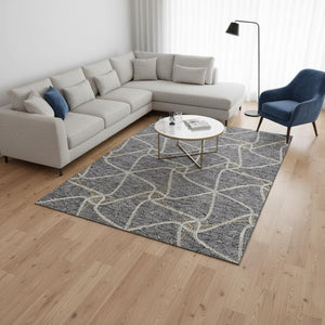 HomeRoots 8' X 10' Modern Gray Gold Ivory Geometric Area Rug – Washable, UV Protected, Durable for Families 675376