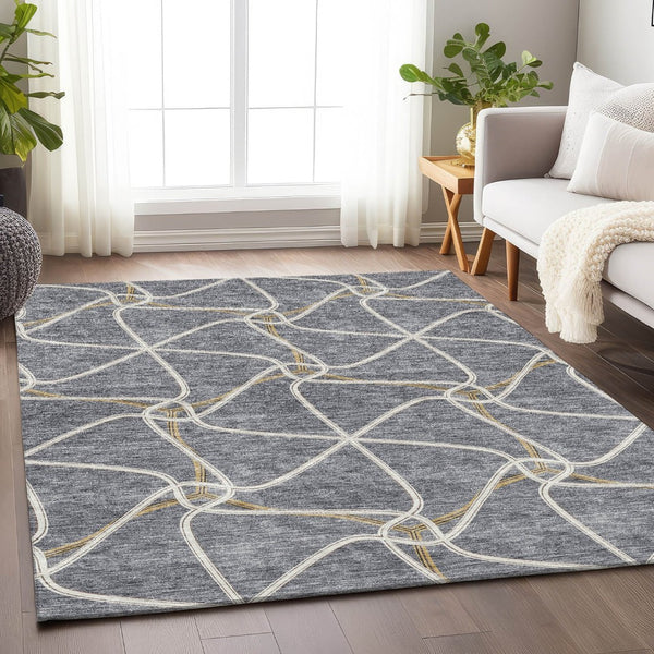HomeRoots 8' X 10' Modern Gray Gold Ivory Geometric Area Rug – Washable, UV Protected, Durable for Families 675376