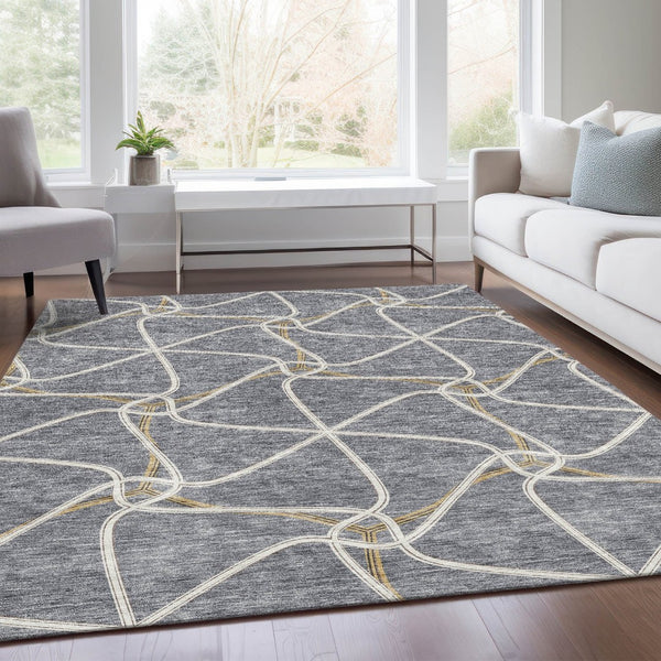 HomeRoots 8' X 10' Modern Gray Gold Ivory Geometric Area Rug – Washable, UV Protected, Durable for Families 675376