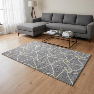HomeRoots 9' X 12' Gray Gold Ivory Geometric Washable Area Rug - Stylish, Durable, UV-Protected for Easy Care 675377