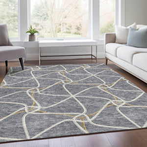 HomeRoots 9' X 12' Gray Gold Ivory Geometric Washable Area Rug - Stylish, Durable, UV-Protected for Easy Care 675377
