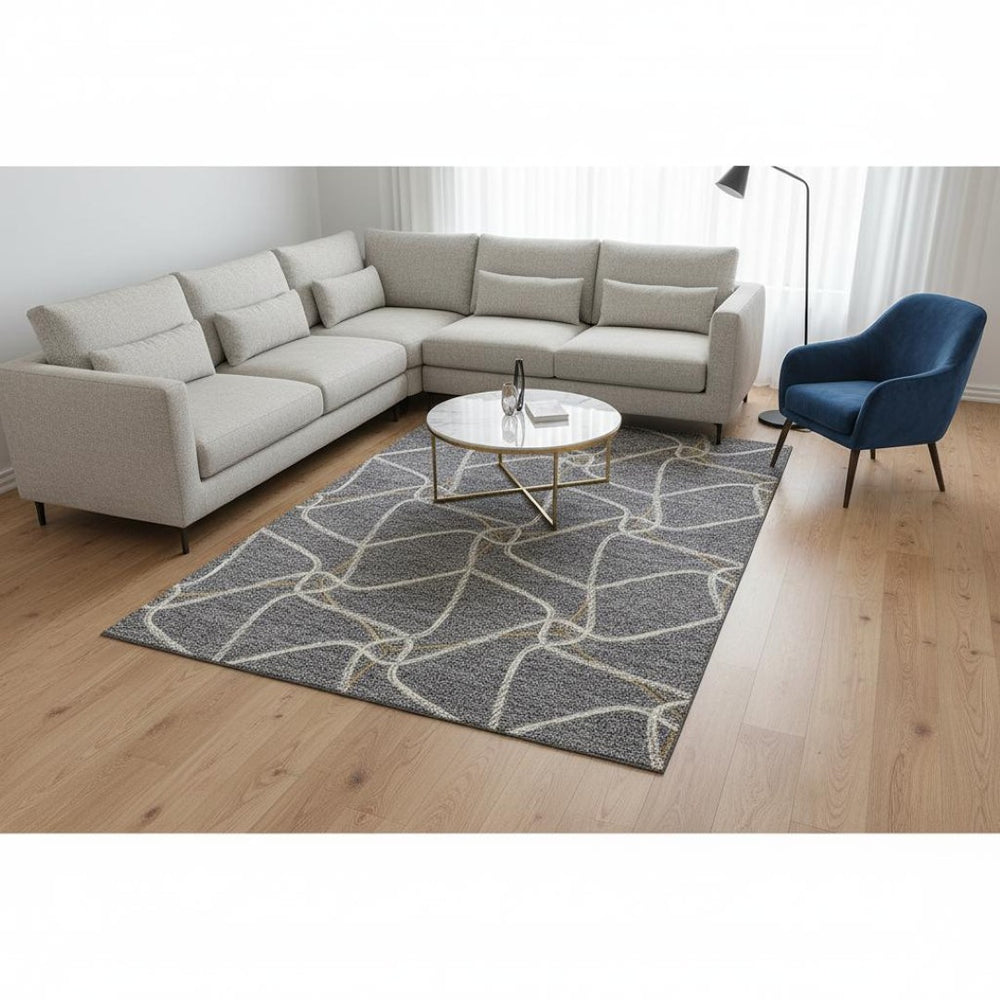 HomeRoots 10' X 14' Gray Gold Ivory Geometric Area Rug - Stylish, Washable, UV-Protected for Busy Homes 675378