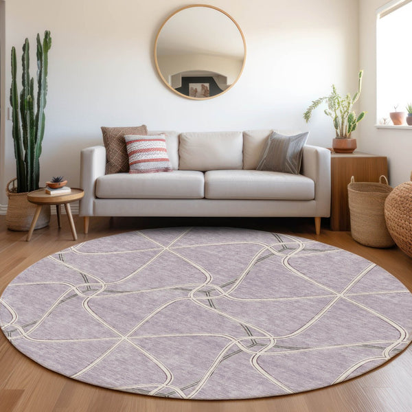 HomeRoots 8' Stylish Lavender and Ivory Geometric Round Rug - Washable, UV-Protected, Perfect for Any Space! 675381