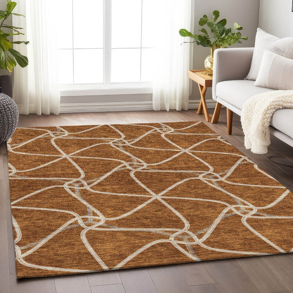 HomeRoots 5' X 8' Stylish Rust and Ivory Geometric Washable Area Rug with UV Protection for Busy Homes 675386