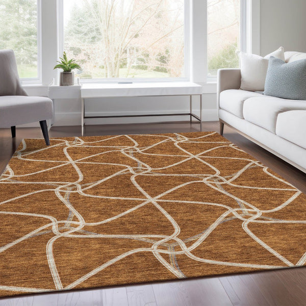 HomeRoots 5' X 8' Stylish Rust and Ivory Geometric Washable Area Rug with UV Protection for Busy Homes 675386