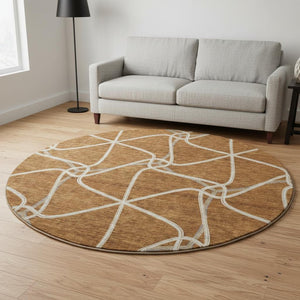 HomeRoots 8' Washable Round Rug with Rust and Ivory Geometric Design – UV Protection, Soft, Durable & Stylish 675387