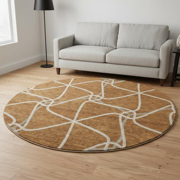 HomeRoots 8' Washable Round Rug with Rust and Ivory Geometric Design – UV Protection, Soft, Durable & Stylish 675387