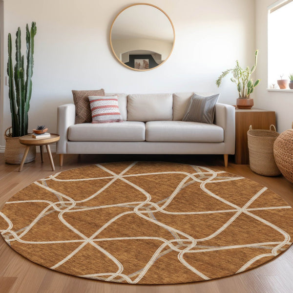 HomeRoots 8' Washable Round Rug with Rust and Ivory Geometric Design – UV Protection, Soft, Durable & Stylish 675387