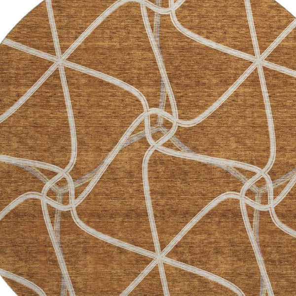 HomeRoots 8' Washable Round Rug with Rust and Ivory Geometric Design – UV Protection, Soft, Durable & Stylish 675387