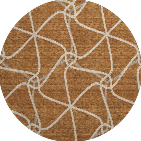 HomeRoots 8' Washable Round Rug with Rust and Ivory Geometric Design – UV Protection, Soft, Durable & Stylish 675387