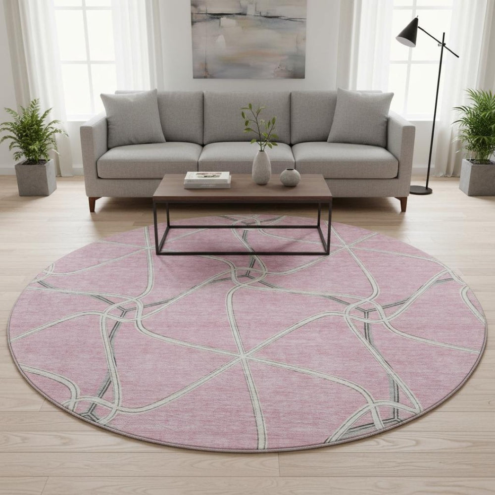 HomeRoots 8' Pink Ivory and Gray Geometric Washable Round Rug – Stylish UV-Protected Design for Busy Homes 675393