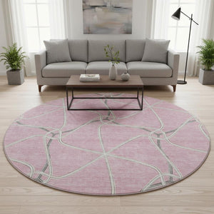 HomeRoots 8' Pink Ivory and Gray Geometric Washable Round Rug – Stylish UV-Protected Design for Busy Homes 675393