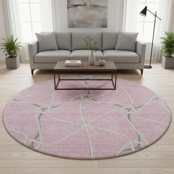 HomeRoots 8' Pink Ivory and Gray Geometric Washable Round Rug – Stylish UV-Protected Design for Busy Homes 675393