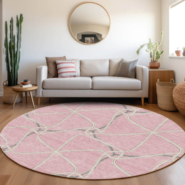HomeRoots 8' Pink Ivory and Gray Geometric Washable Round Rug – Stylish UV-Protected Design for Busy Homes 675393