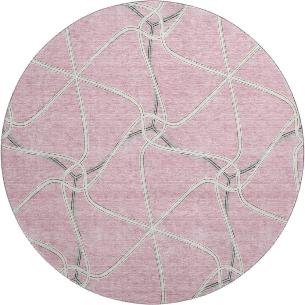 HomeRoots 8' Pink Ivory and Gray Geometric Washable Round Rug – Stylish UV-Protected Design for Busy Homes 675393