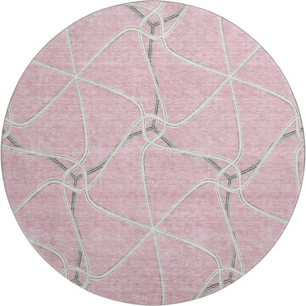 HomeRoots 8' Pink Ivory and Gray Geometric Washable Round Rug – Stylish UV-Protected Design for Busy Homes 675393