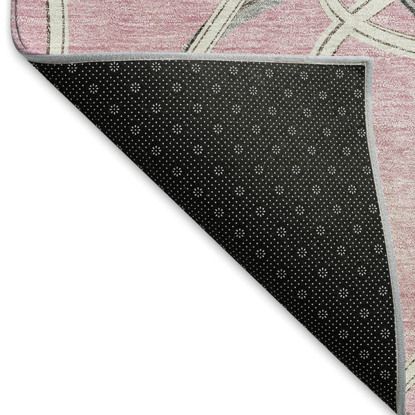 HomeRoots 8' Pink Ivory and Gray Geometric Washable Round Rug – Stylish UV-Protected Design for Busy Homes 675393