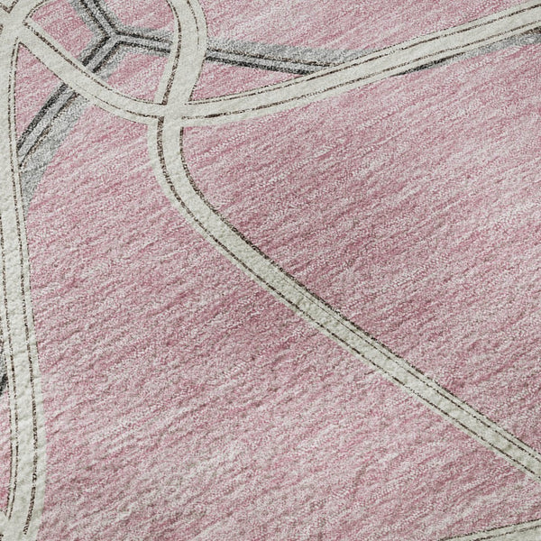 HomeRoots 8' Pink Ivory and Gray Geometric Washable Round Rug – Stylish UV-Protected Design for Busy Homes 675393