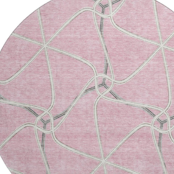 HomeRoots 8' Pink Ivory and Gray Geometric Washable Round Rug – Stylish UV-Protected Design for Busy Homes 675393
