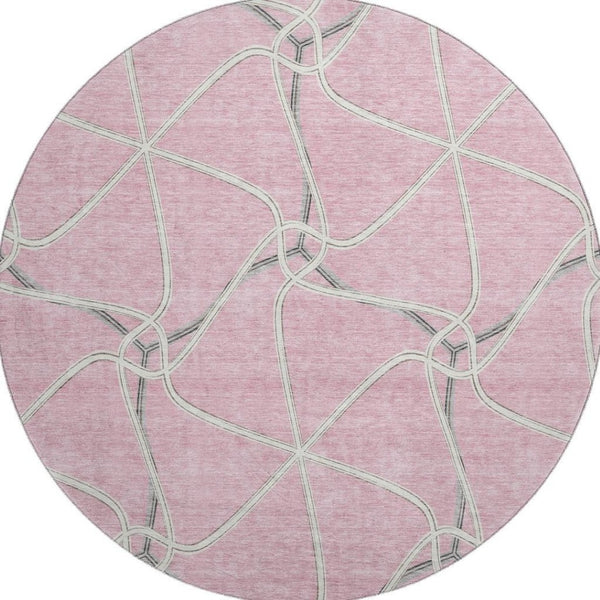 HomeRoots 8' Pink Ivory and Gray Geometric Washable Round Rug – Stylish UV-Protected Design for Busy Homes 675393