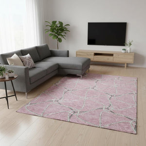 HomeRoots 8' X 10' Modern Pink, Ivory & Gray Geometric Washable Area Rug with UV Protection for Any Space 675394