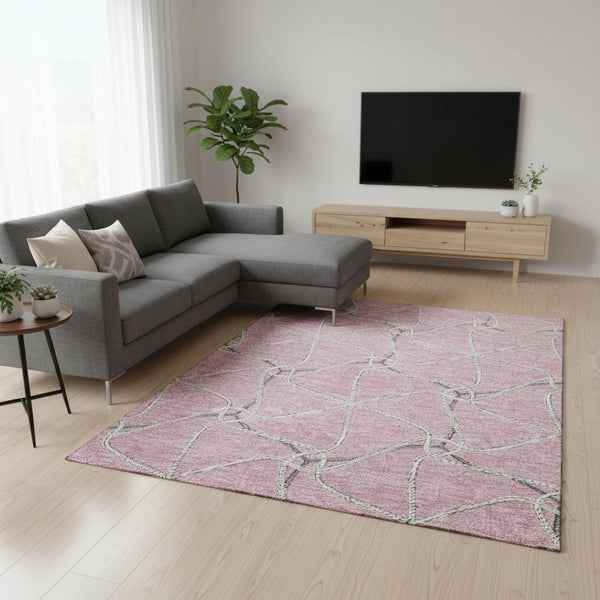 HomeRoots 8' X 10' Modern Pink, Ivory & Gray Geometric Washable Area Rug with UV Protection for Any Space 675394