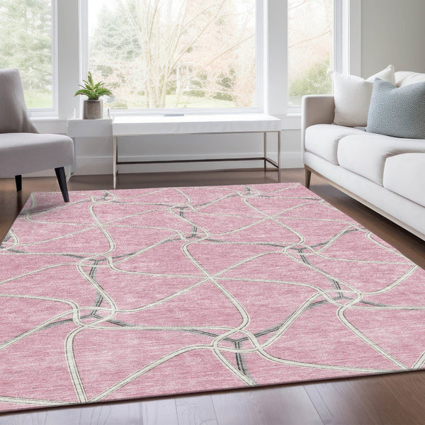 HomeRoots 8' X 10' Modern Pink, Ivory & Gray Geometric Washable Area Rug with UV Protection for Any Space 675394