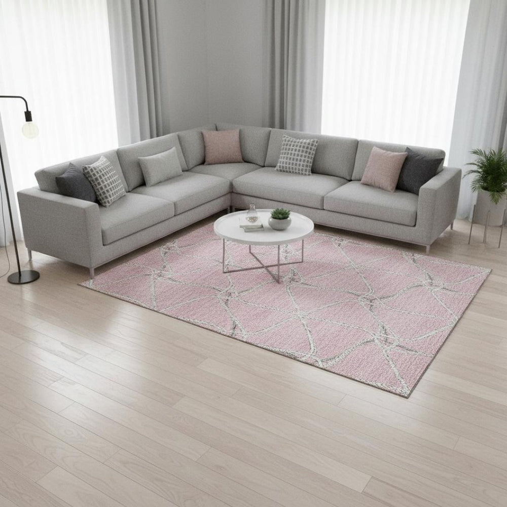 HomeRoots 9' X 12' Chic Pink, Ivory & Gray Geometric Washable Area Rug with UV Protection for Modern Spaces 675395