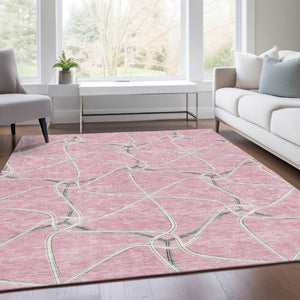 HomeRoots 9' X 12' Chic Pink, Ivory & Gray Geometric Washable Area Rug with UV Protection for Modern Spaces 675395