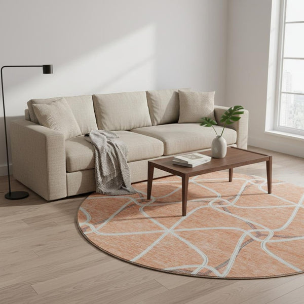 HomeRoots 8' Salmon Ivory and Gray Geometric Round Rug - Washable, UV-Protected, Family-Friendly Style! 675399